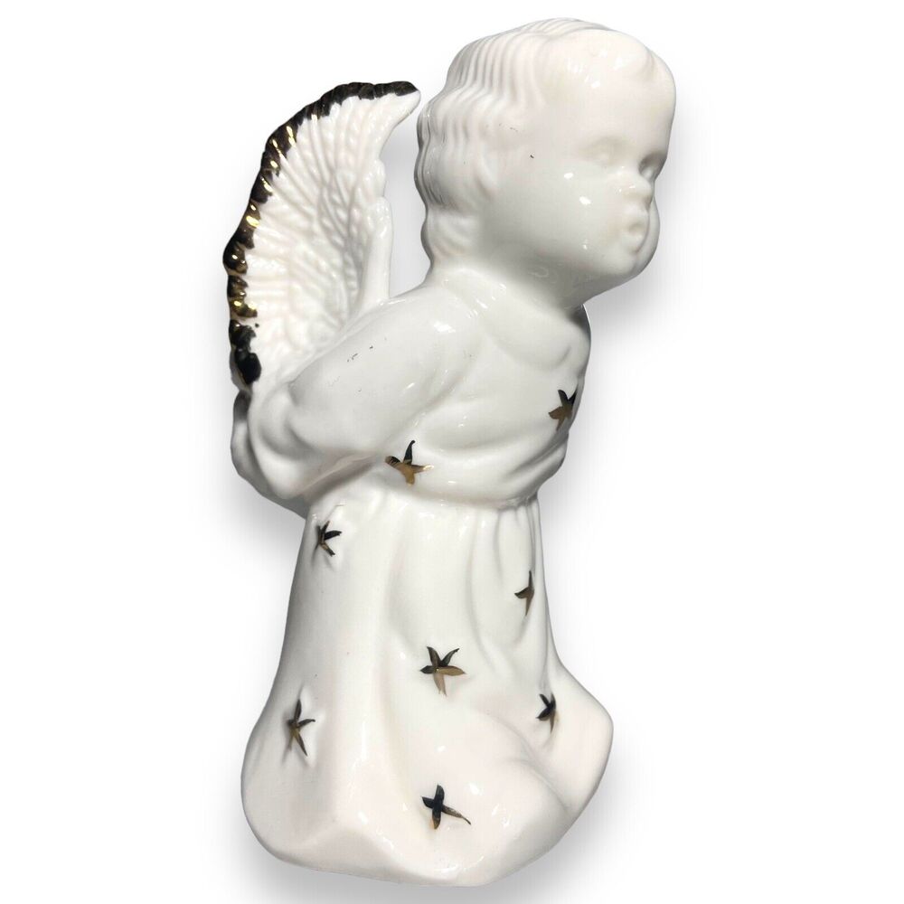 Angel Figurine White Ceramic Porcelain Gold Trim Candle Holder 4 6/8 in Vintage